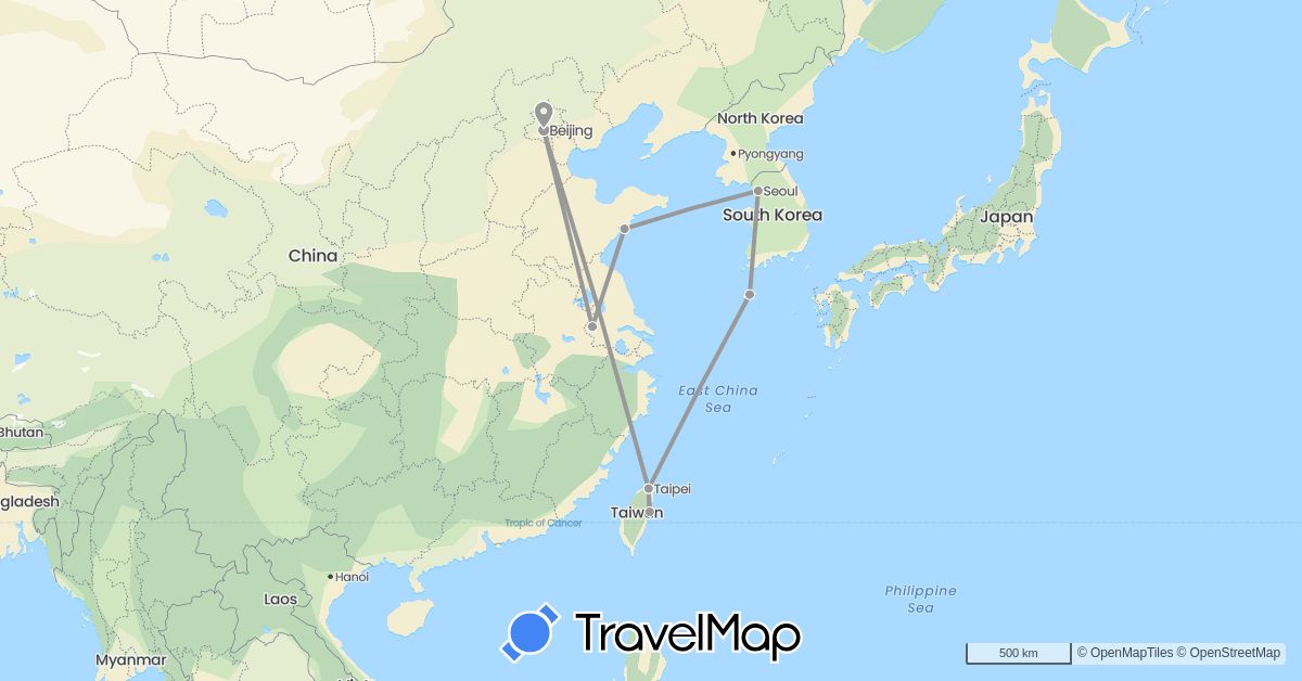 TravelMap itinerary: driving, plane in China, South Korea, Taiwan (Asia)