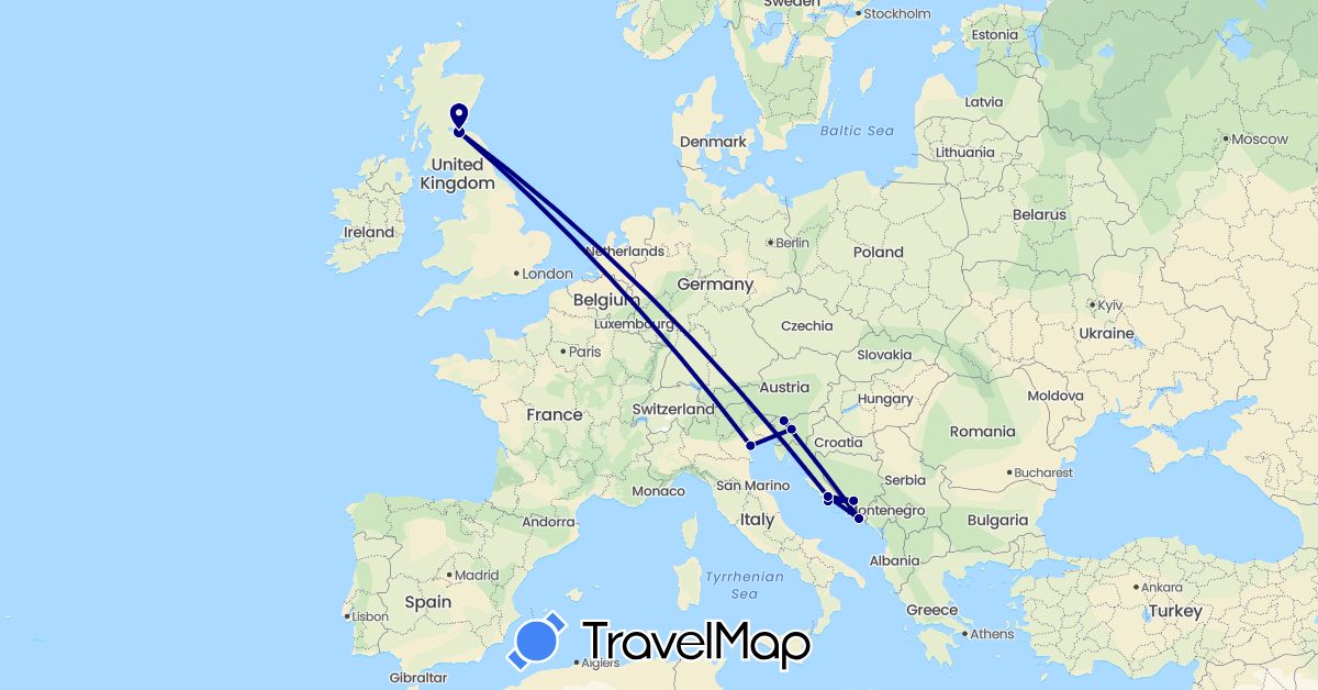 TravelMap itinerary: driving in Bosnia and Herzegovina, United Kingdom, Croatia, Italy, Slovenia (Europe)