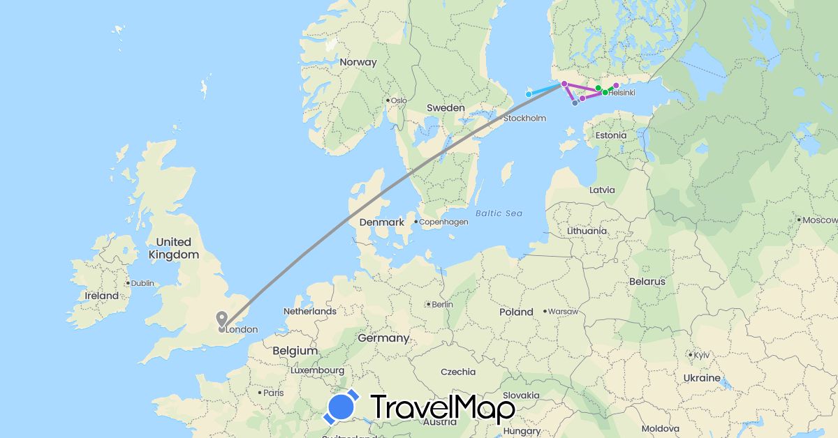 TravelMap itinerary: driving, bus, plane, cycling, train, boat in Finland, United Kingdom (Europe)